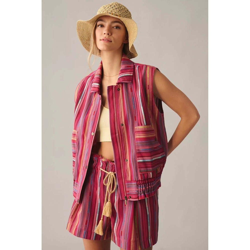Anthropologie Utility Vest S Striped Pink Woven Boho Cargo Vest Boxy Oversized